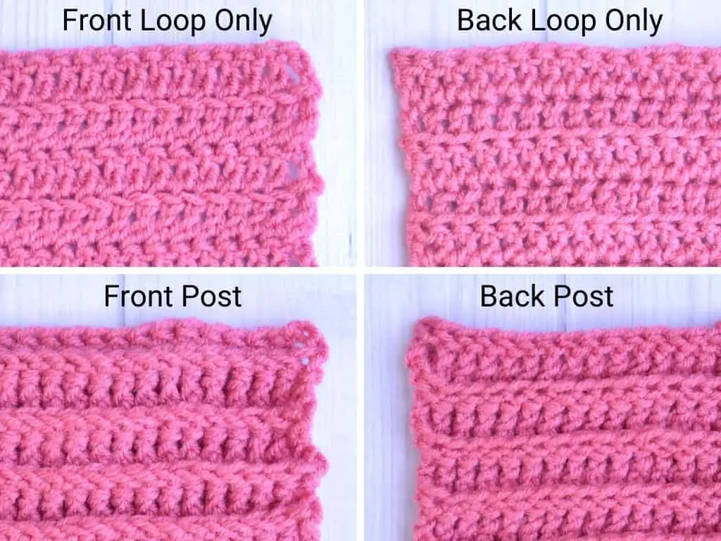 Left-handed variations of the double crochet stitch, such as back loop only or front post double crochet