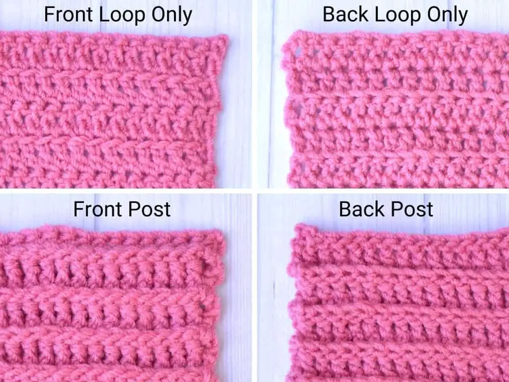 Sample swatches of variations on the double crochet stitch, such as front loop only or back post double crochet
