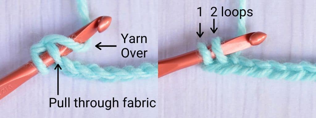 Step 2 for a left-handed person making single crochet stitches