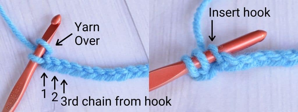 The first step in making the half double crochet stitch with blue yarn