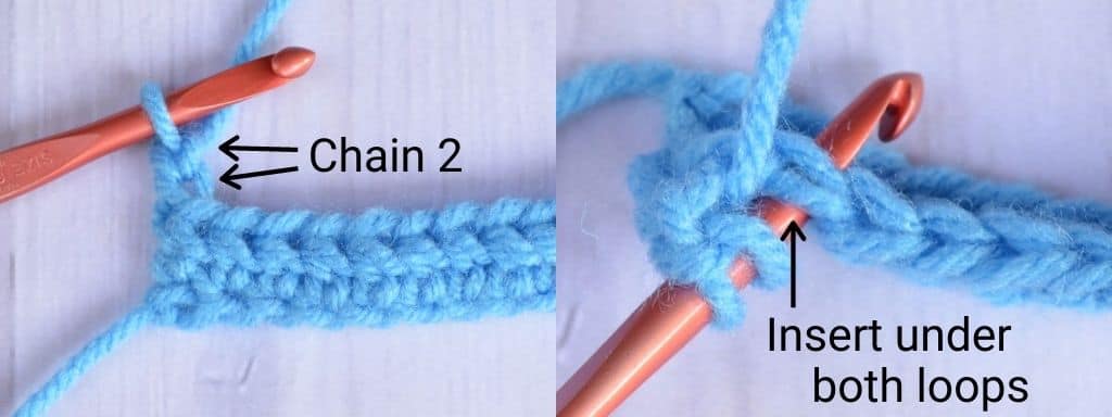 Instructional image showing how to start a new row of half double crochet stitches