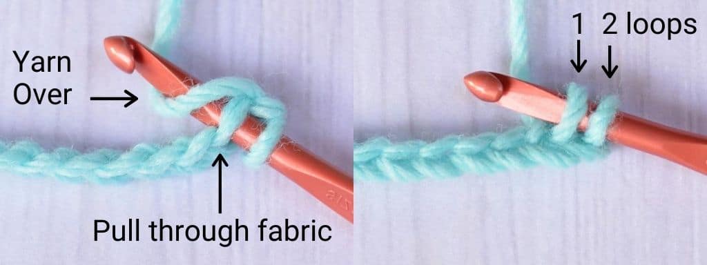 Step two in making the single crochet stitch right-handed