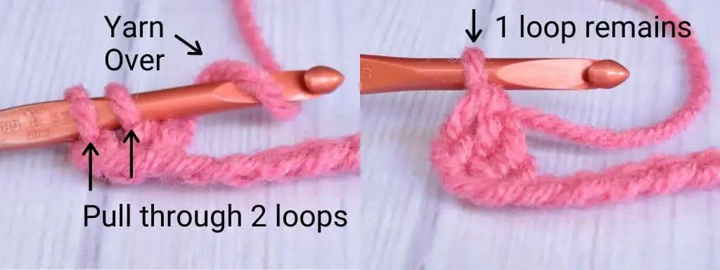 Last step in making the double crochet stitch left-handed