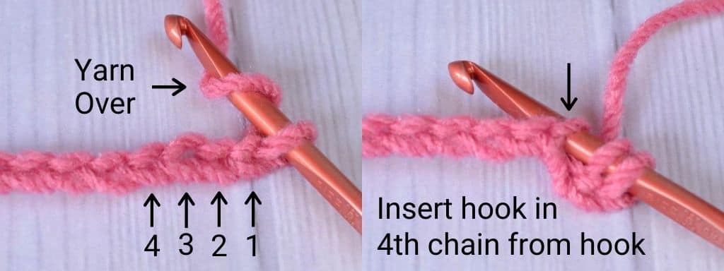 First step to making the double crochet stitch