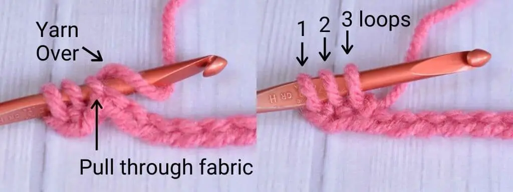 Second step of double crochet stitch by a left-handed crocheter