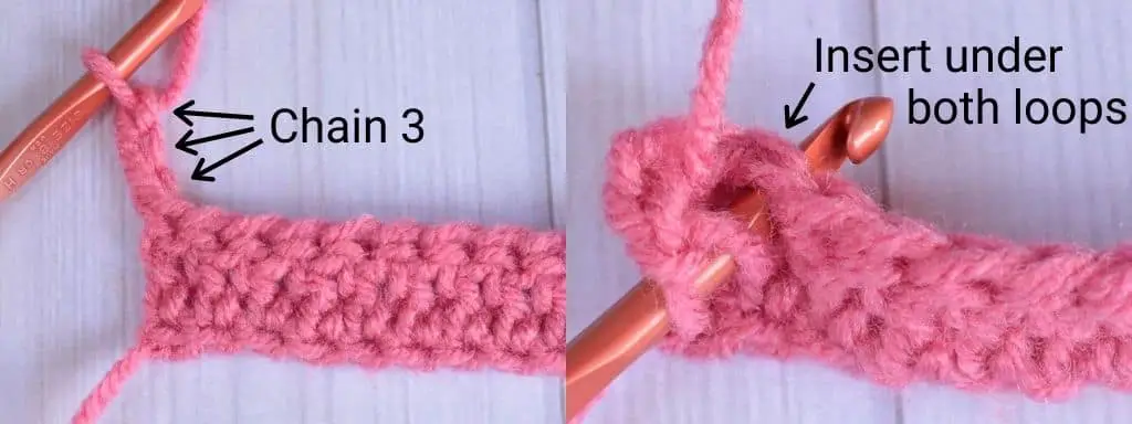Chain three turning chain for left-handed double crochet stitches