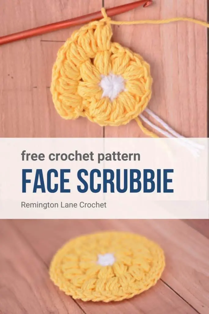 Yellow flower face scrubbie in progress and finished so you can save this pattern for later