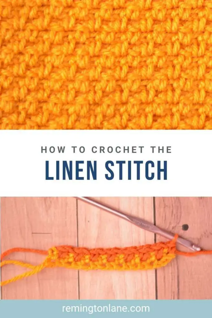 Pinterest pin image of both a finished swatch and image showing two rows of the linen stitch, so this post can be saved for later.