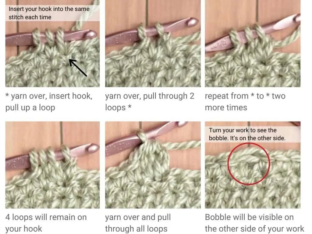 Step-by-step photo tutorial for a crochet bobble stitch