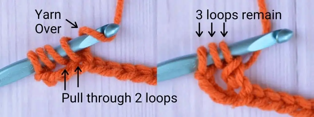 Third step in making the treble crochet stitch left-handed