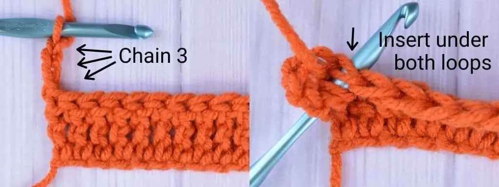 Left-handed crocheter made a turning chain for treble crochet stitches and shows where to make the next stitch