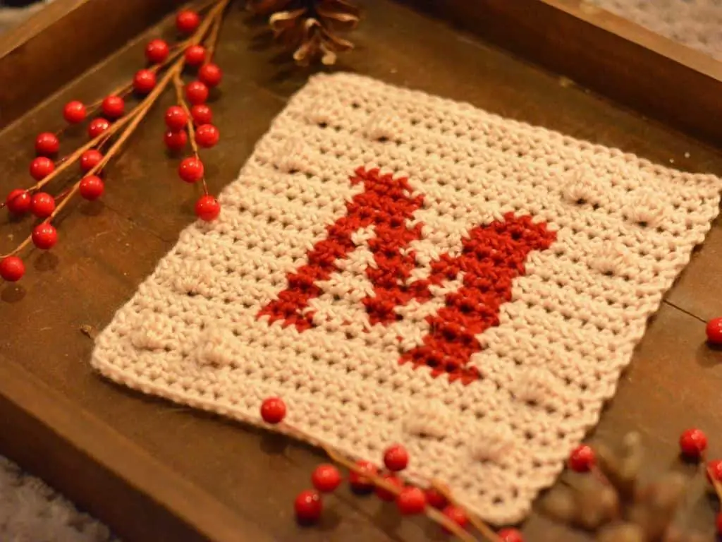 Close-up of a wooden tray filled with pinecones and red berries surrounding the monogram M blanket square