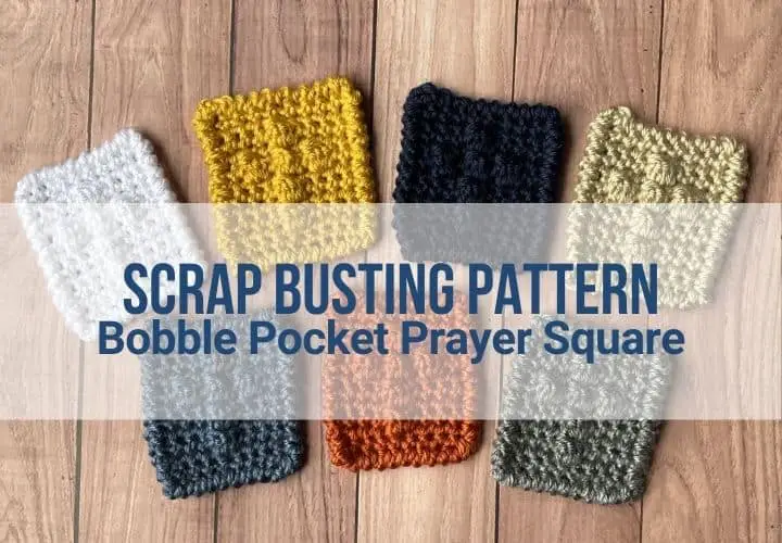 A collection of crocheted prayer squares, each in a different color yarn