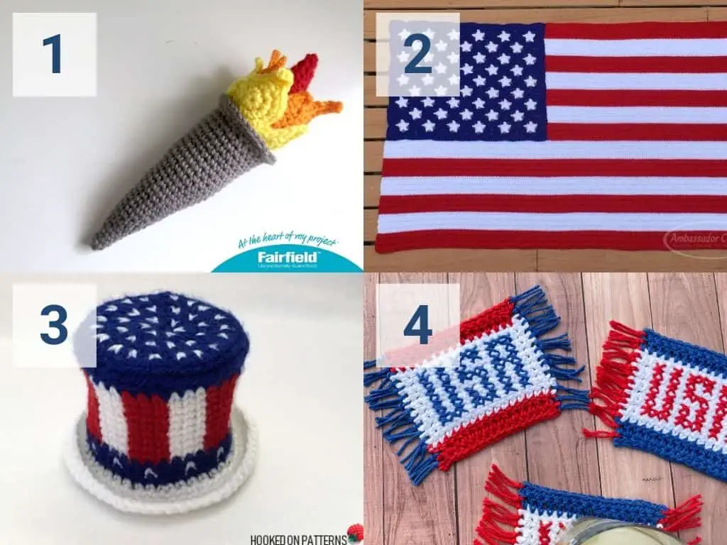 A collage of Olympic-themed crochet patterns including a torch, American flag, hat, and USA mug rug