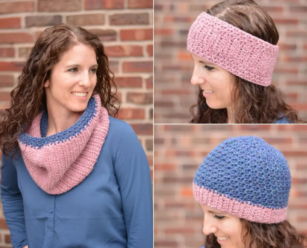 A collage of coordinating women's accessories crocheted in pink and blue yarn