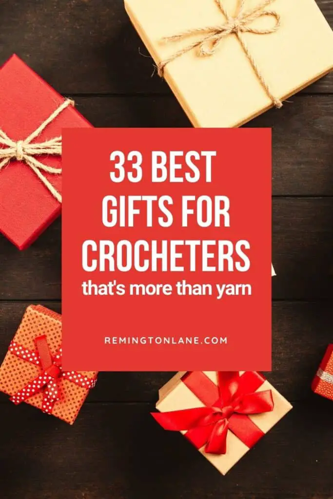 A picture of wrapped present boxes with a reminder to save this crochet gift guide for later