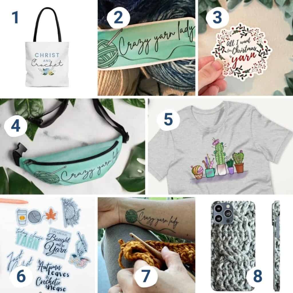 Collage of different types of crochet merchandise like project bags, shirts, stickers and more