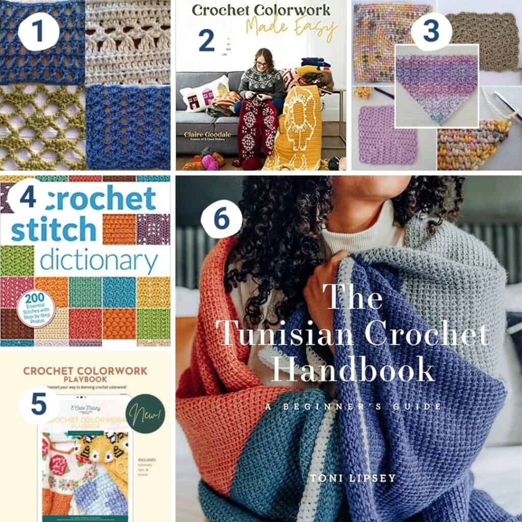Collage of crochet books and ebooks perfect for new crocheters