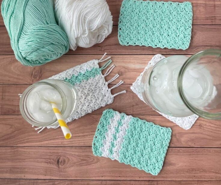 An top-down view of light teal and white rectangular coasters sitting on a table.