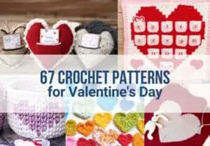 A collage of crochet patterns for Valentine's Day