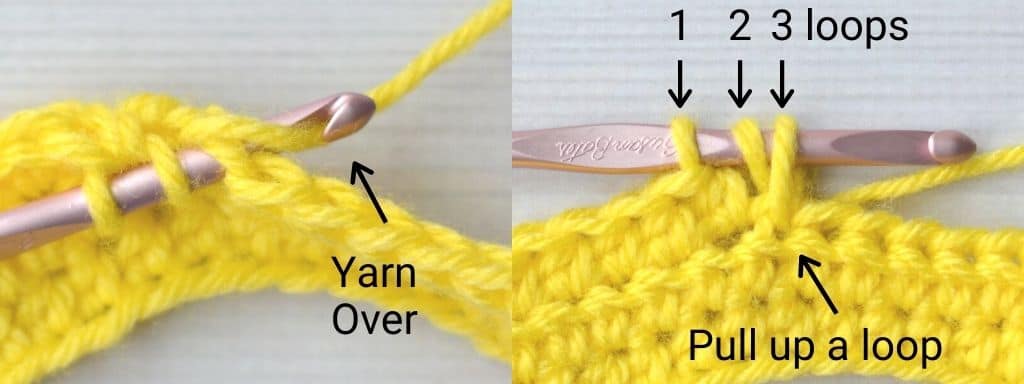 A close up of where you put your yarn and hook when making the crochet puff stitch