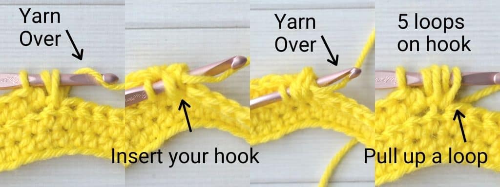 Close-up photos of hook and yarn placement showing you how to crochet the puff stitch
