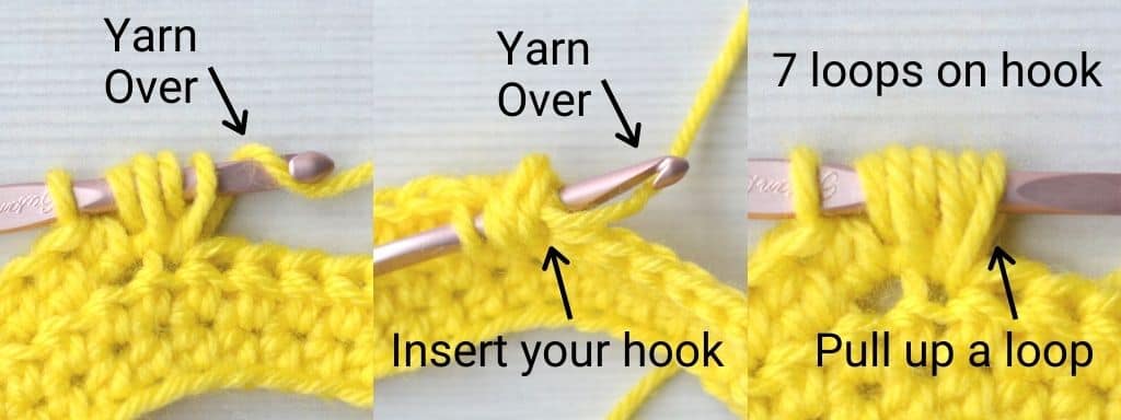 Crochet puff stitch tutorial photos showing hook and yarn placement