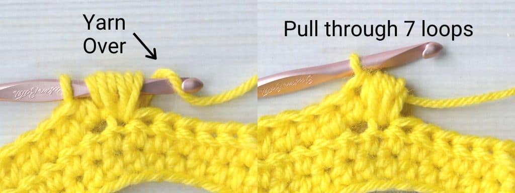 Example photos showing hook and yarn placement for the puff stitch