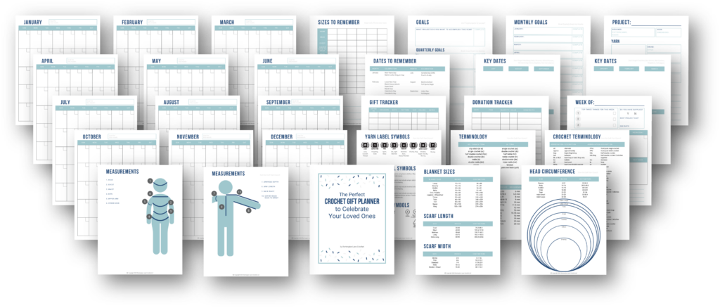 A preview of all the pages included in a printable crochet planner