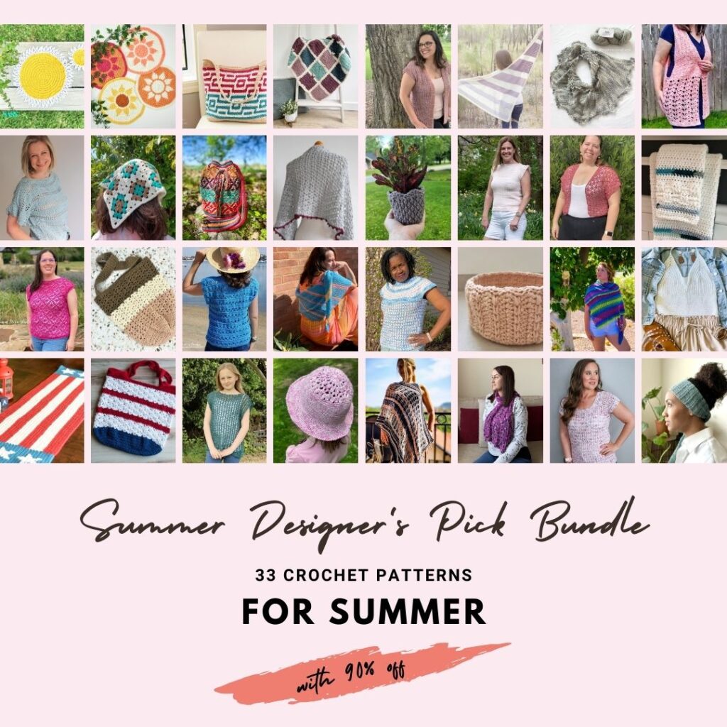 Ad for a crochet pattern bundle featuring all 33 summer patterns included