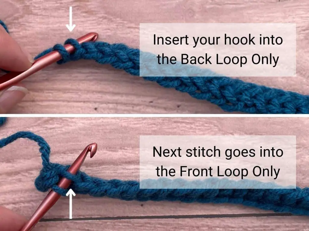 An image showing where the front and back loops of a crochet stitch are located