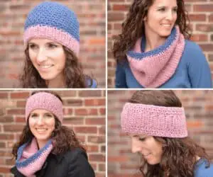 A collage of a young smiling woman wearing a variety of crocheted accessories