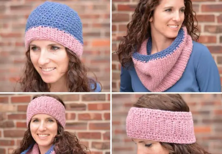 A collage of a young smiling woman wearing a variety of crocheted accessories