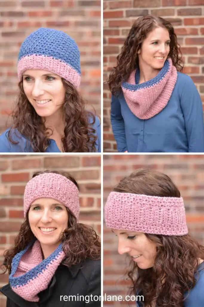 Collage of dusty pink and dark blue accessories worn by a friendly young woman