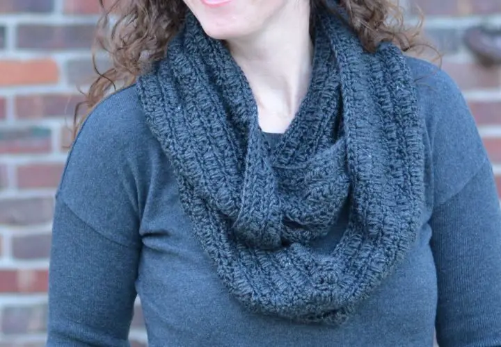 Close up of a handmade textured infinity scarf for women