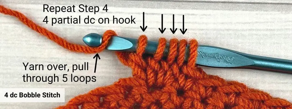 Labeled photo for all the parts of a 4 dc bobble stitch