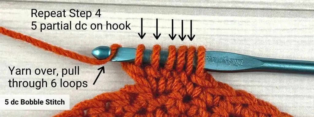 Close up of the final steps in a 5 dc bobble stitch tutorial