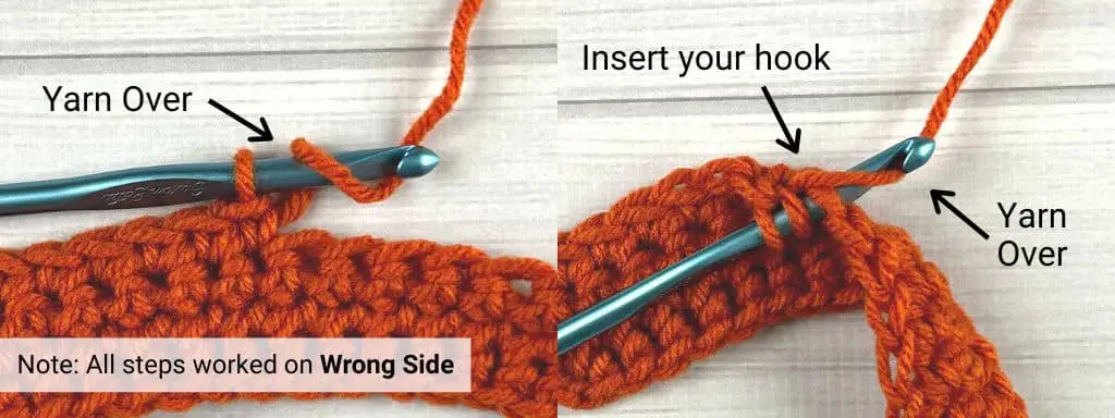 The beginning step in making a crochet bobble stitch in orange yarn