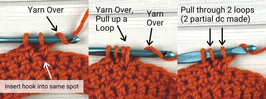 Third step to making a crochet bobble stitch with orange yarn