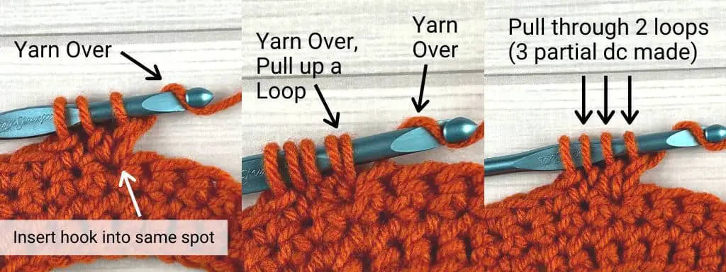Fourth step of a bobble stitch with orange yarn