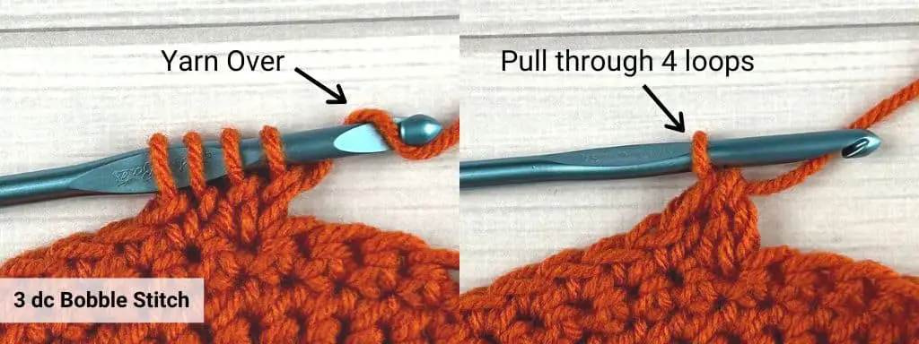 Final step to make a bobble stitch in orange yarn