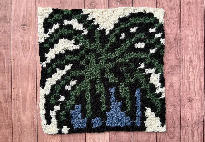 A close up of a crochet blanket square with a spider plant design, laying flat on a table.