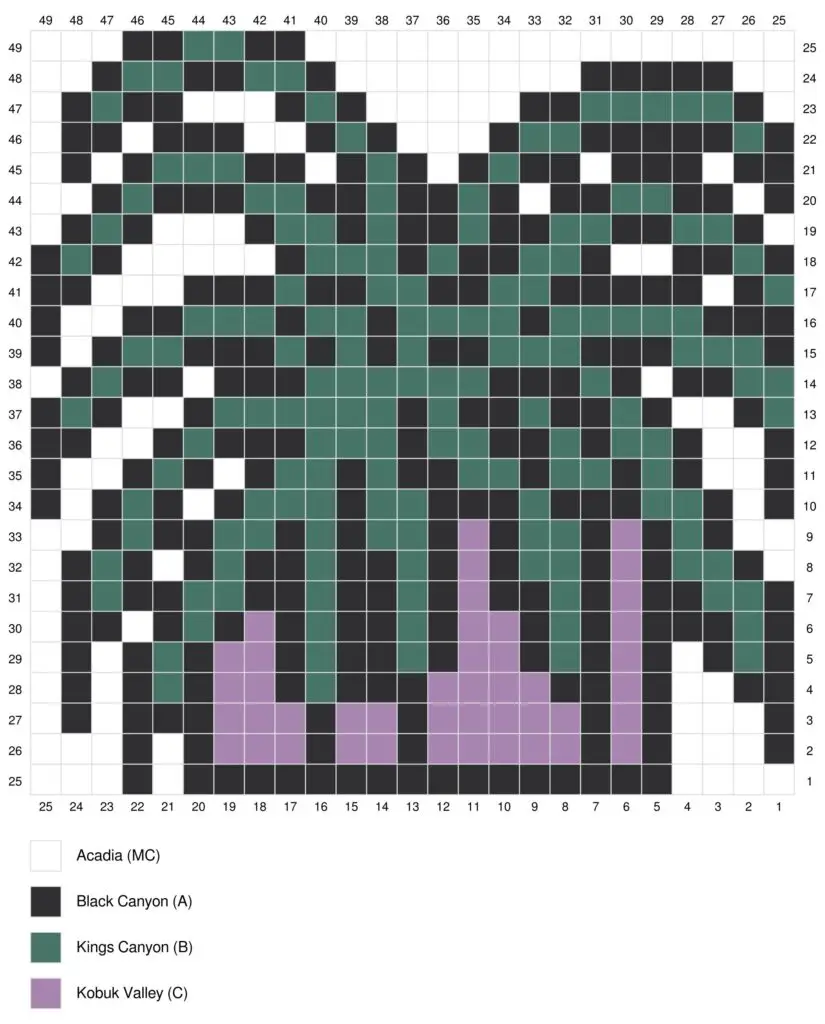 A colored chart that can be used to crochet a spider plant blanket square