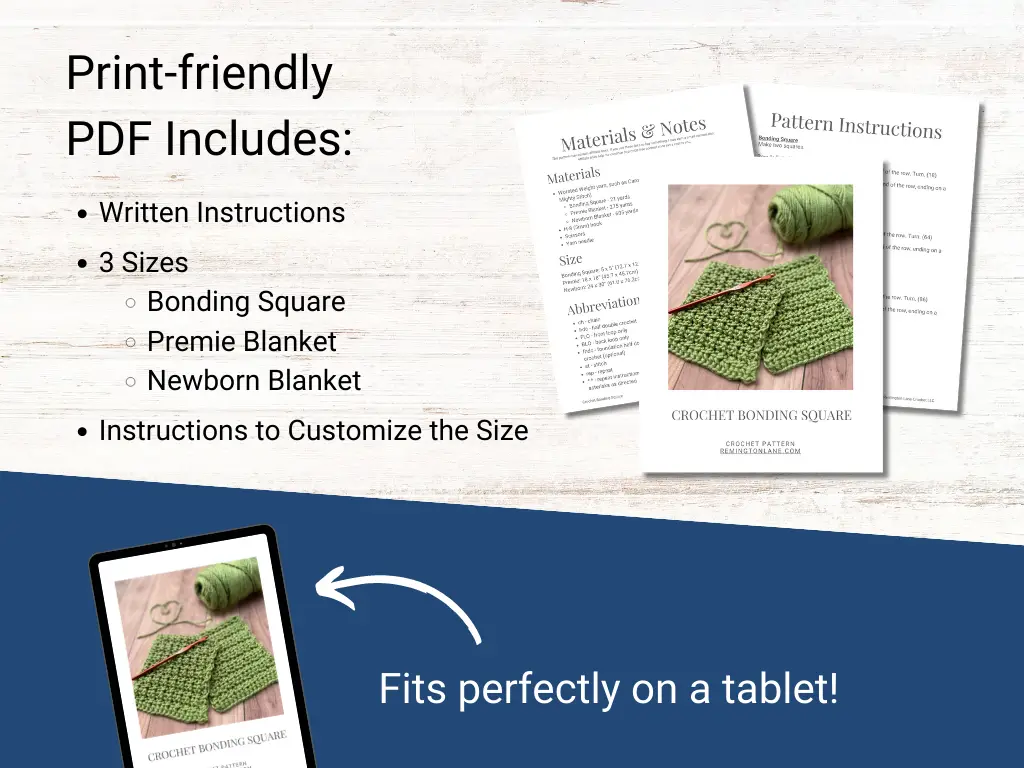 Preview of the printable PDF bonding squares crochet pattern