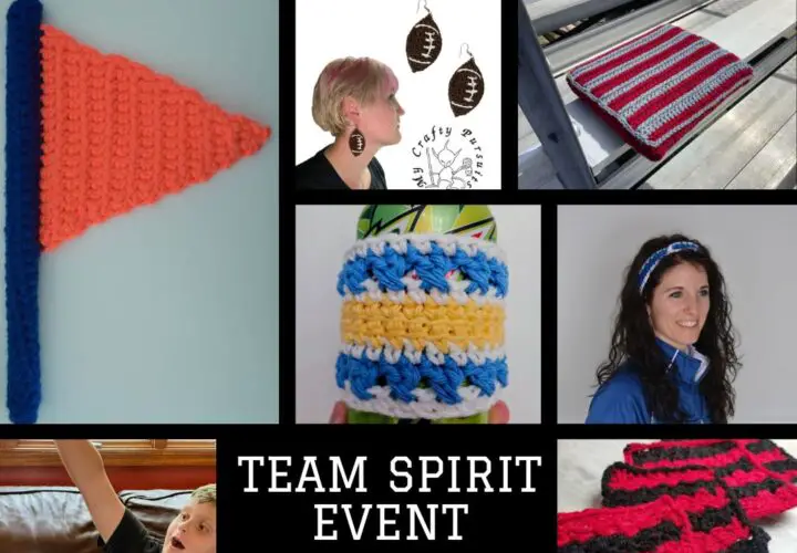 A collage of the patterns included in the team spirit crochet pattern blog hop