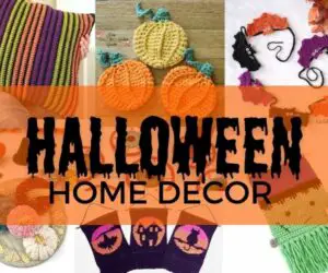 Collage of spooky and fun crochet patterns for Halloween home decor.