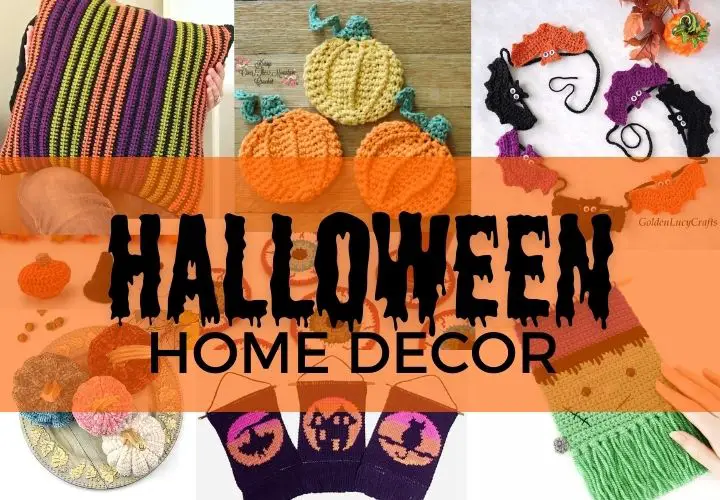 Collage of spooky and fun crochet patterns for Halloween home decor.