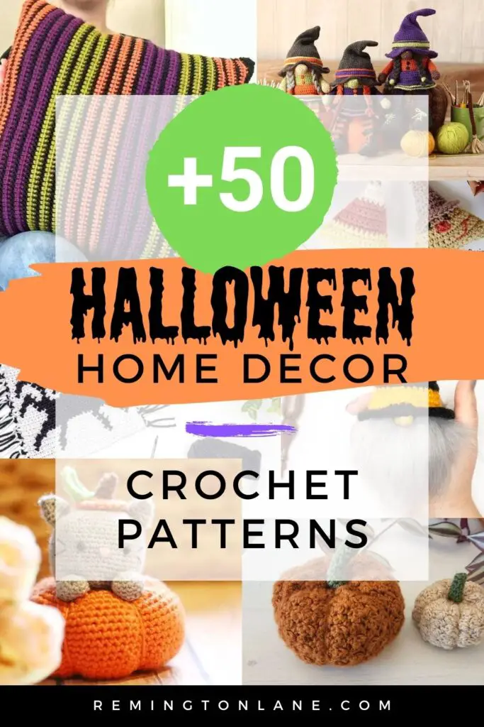 A collage of home decor crochet patterns for Halloween.