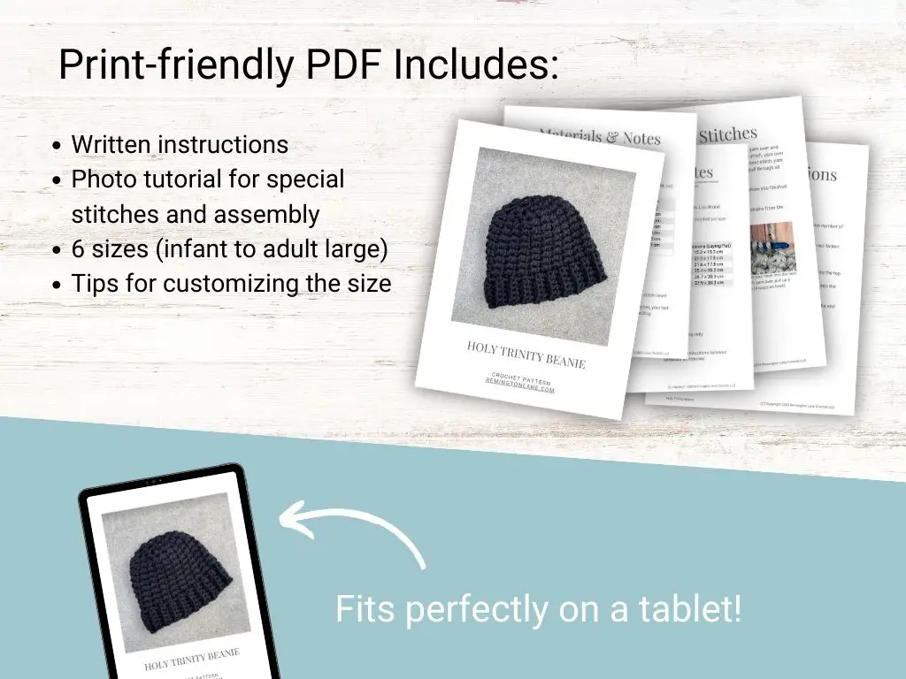 Preview of the printable and downloadable PDF pattern for this quick and cozy hat