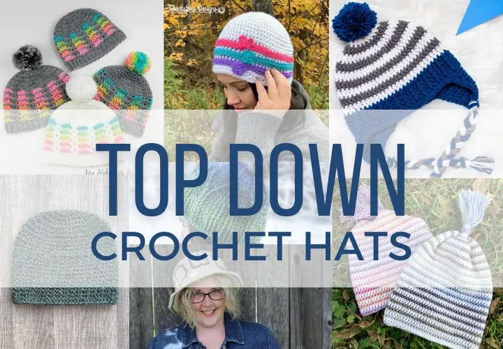 Collage of colorful crochet hats for kids and adults.
